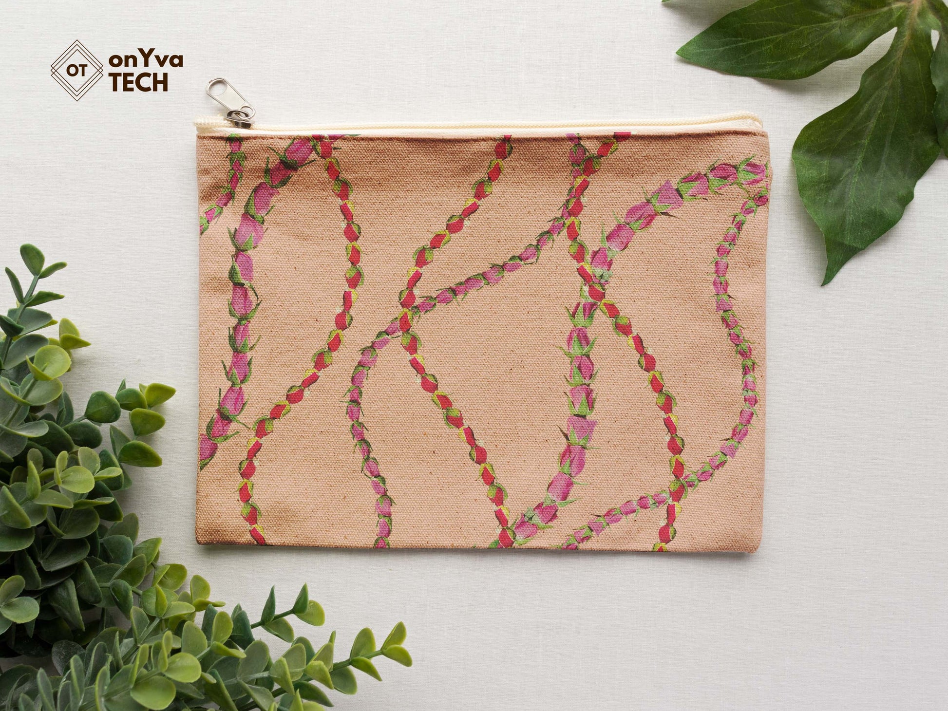  burlap pouch for gifts with the sublimation print of several squiggle of Lokelani Lei flower PNG 