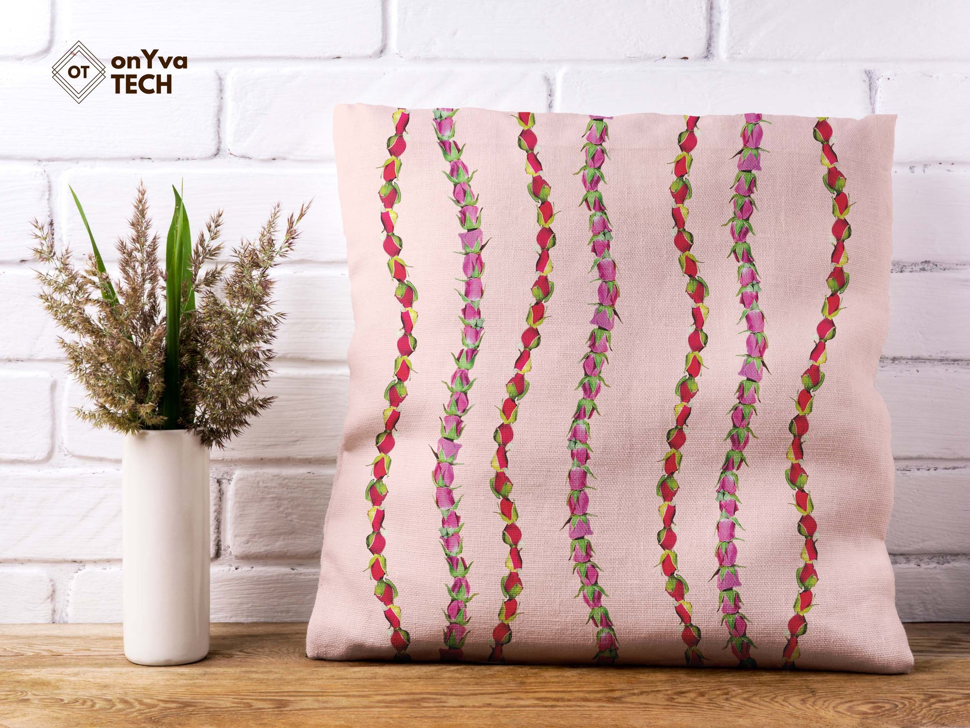  custom print pillow with several strands of Lokelani Lei  