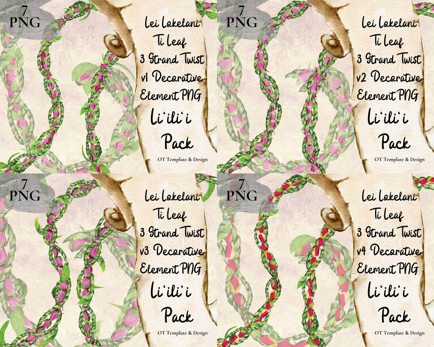 Lokelani Ti Leaf 3 Strand Twist Lei | Hawaiian PNG Decorative Element Liʻiliʻi Pack | Digital Download