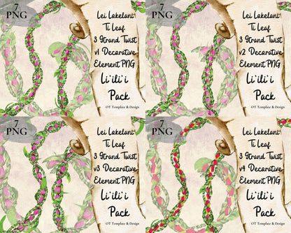 Lokelani Ti Leaf 3 Strand Twist Lei | Hawaiian PNG Decorative Element Liʻiliʻi Pack | Digital Download
