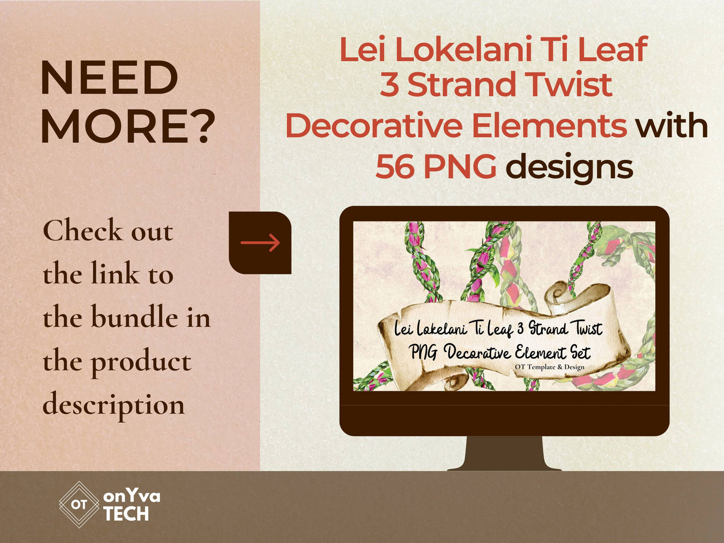 Lokelani Ti Leaf 3 Strand Twist Lei | Hawaiian PNG Decorative Element Liʻiliʻi Pack | Digital Download