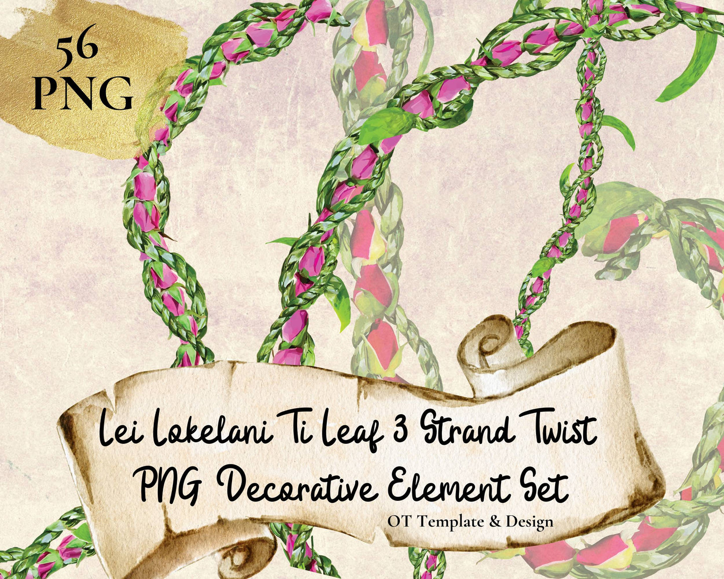 Lokelani Ti Leaf 3 Strand Twist Lei Hawaiian PNG Decorative Element Set Digital Download