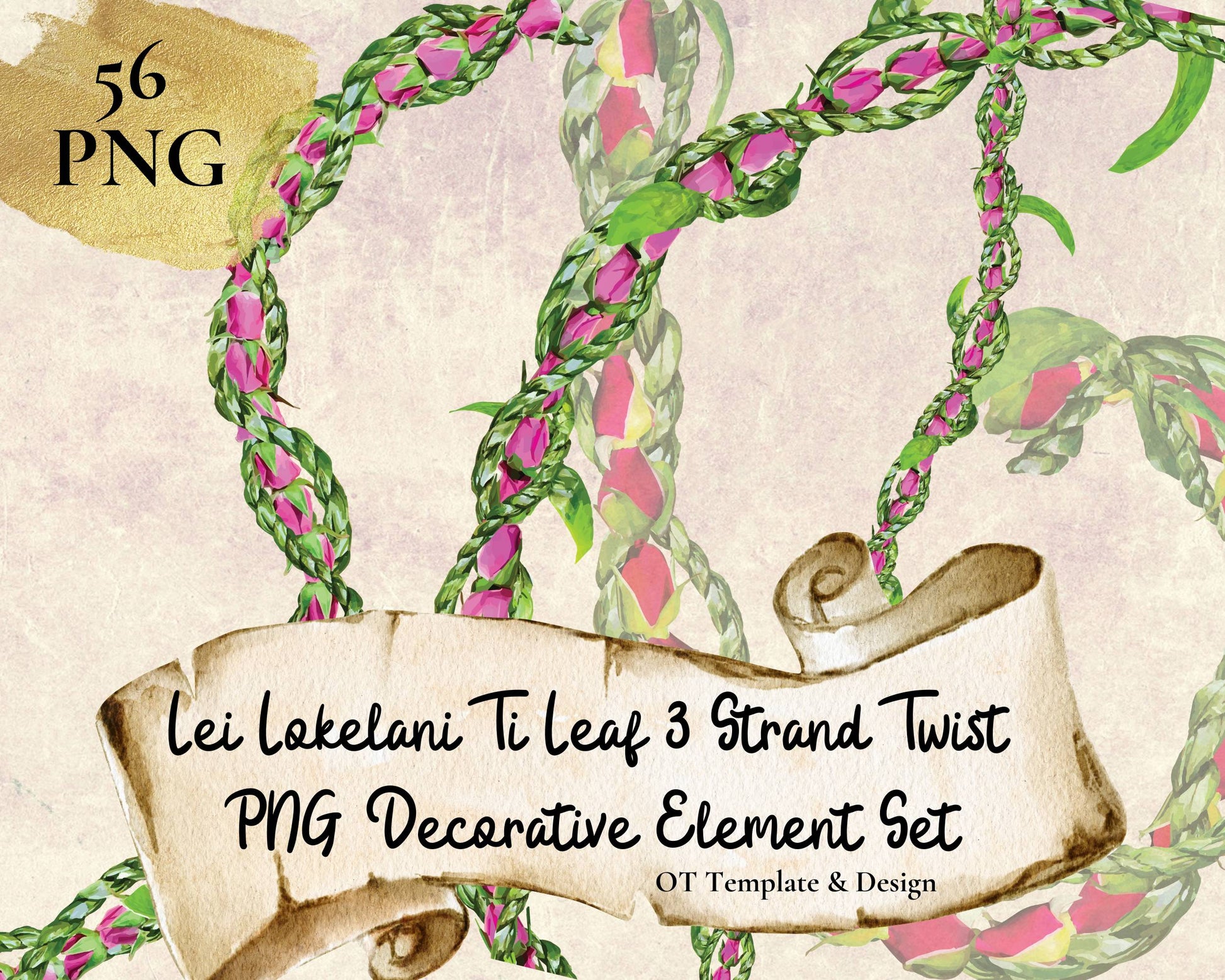 Lokelani Ti Leaf 3 Strand Twist Lei Hawaiian PNG Decorative Element Set Digital Download