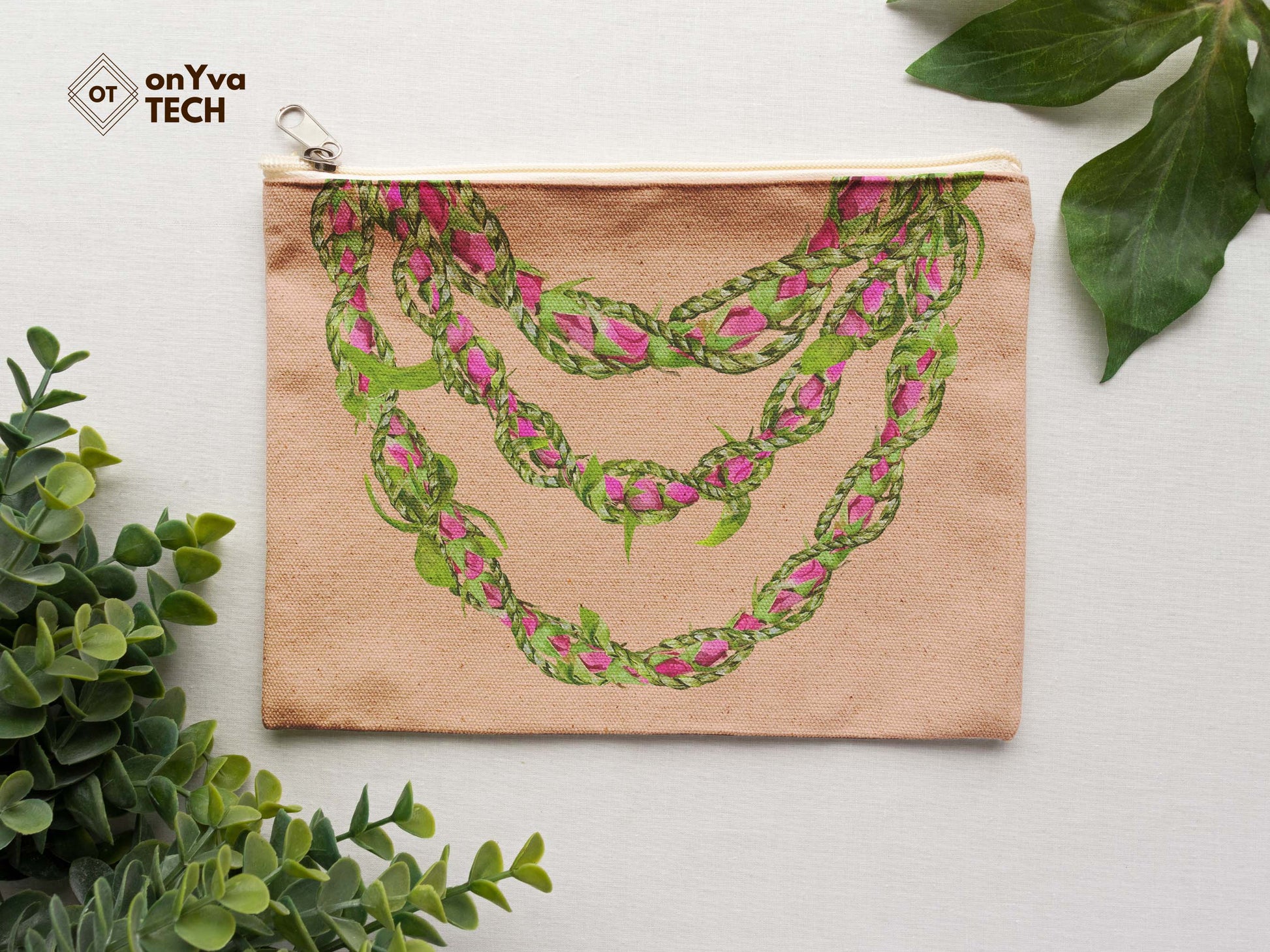  burlap pouch for gifts with the sublimation print of 3 Lokelani Ti Leaf 3 Strand Twist Lei flower PNG 