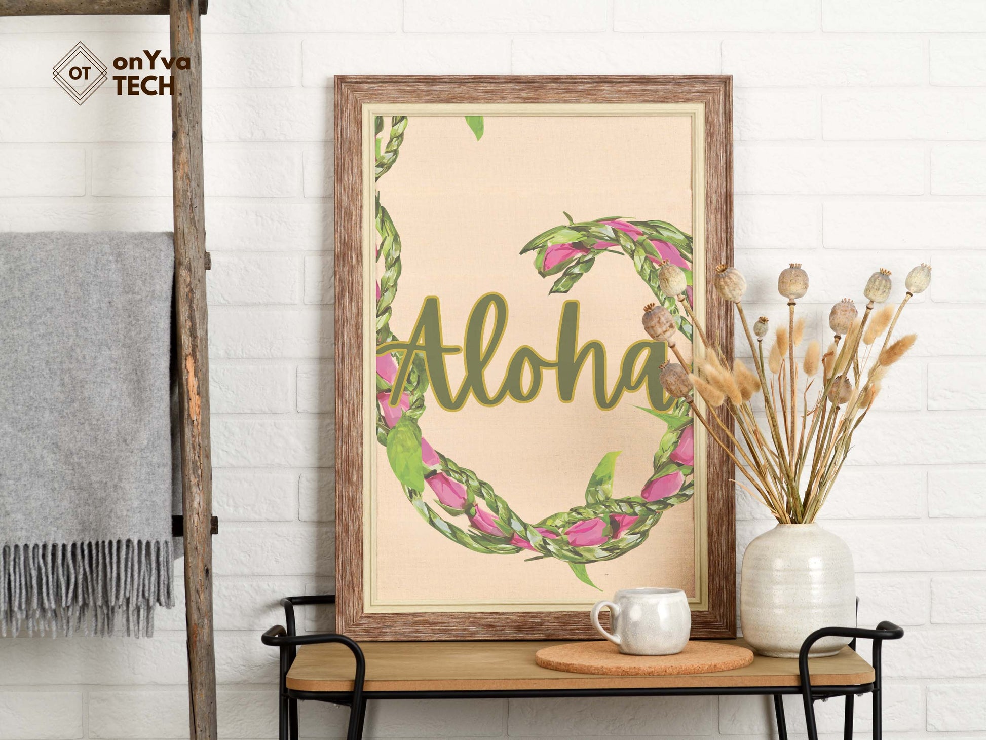  printed poster in a frame of a swirl of a  Lokelani Ti Leaf 3 Strand Twist Lei with the words Aloha 