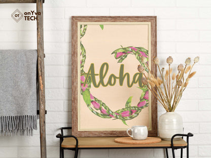 printed poster in a frame of a swirl of a  Lokelani Ti Leaf 3 Strand Twist Lei with the words Aloha 