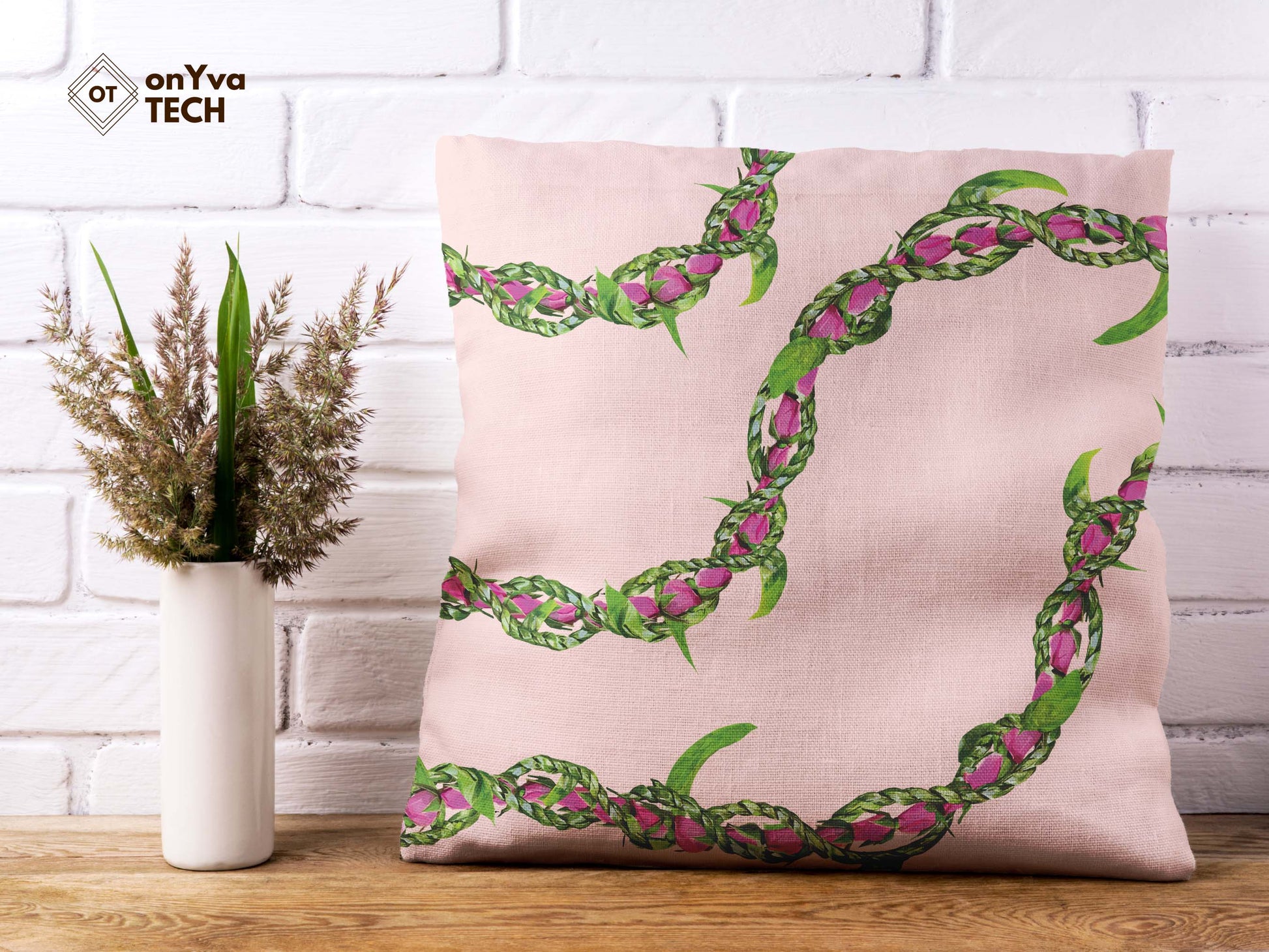  personalized pillow sublimation printed with 3 Lokelani Ti Leaf 3 Strand Twist Lei naturally curved PNG going across 