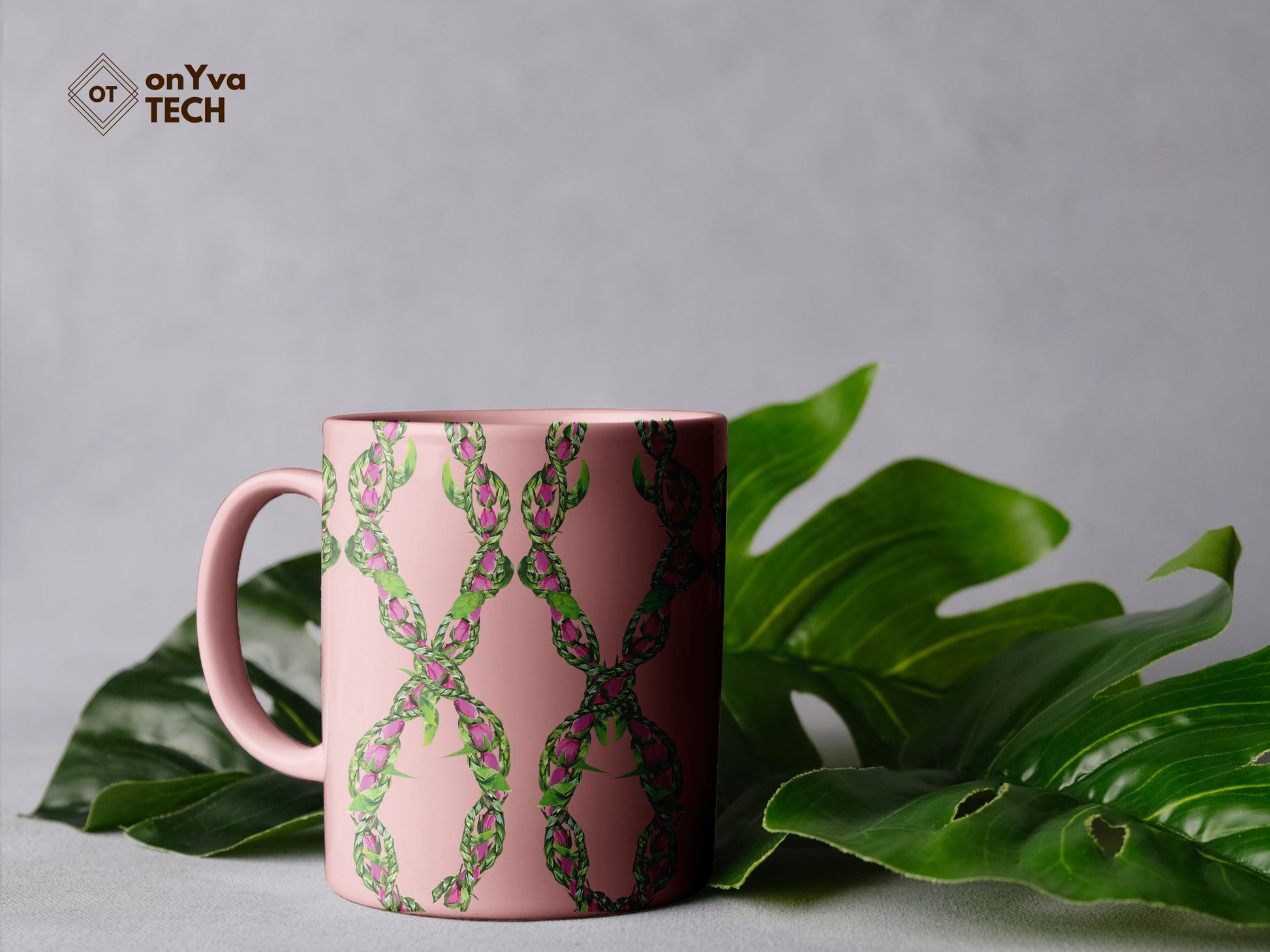  personalized mug sublimation print with  Lokelani Ti Leaf 3 Strand Twist Lei floral border going around the mug 