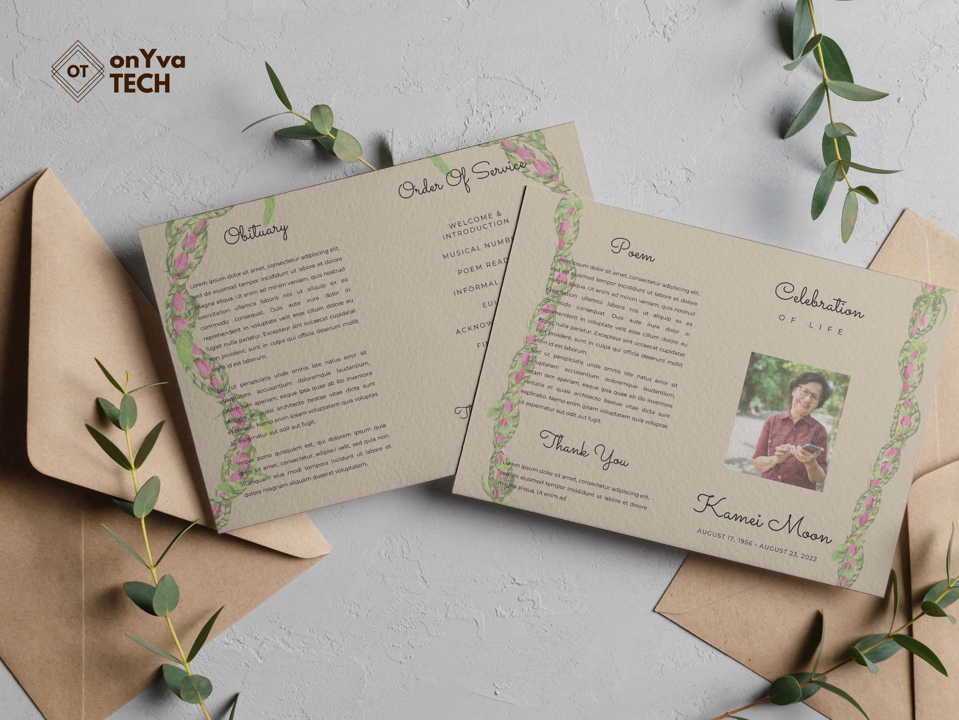  celebration of life program mockup with two pages embellished with  Lokelani Ti Leaf 3 Strand Twist Lei on the side of each page of the flyer 