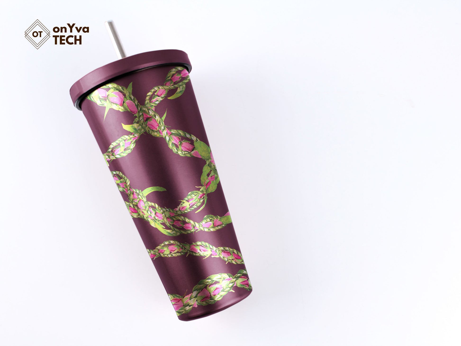  personalized tumbler with a sublimation print of  Lokelani Ti Leaf 3 Strand Twist Lei strand going around 