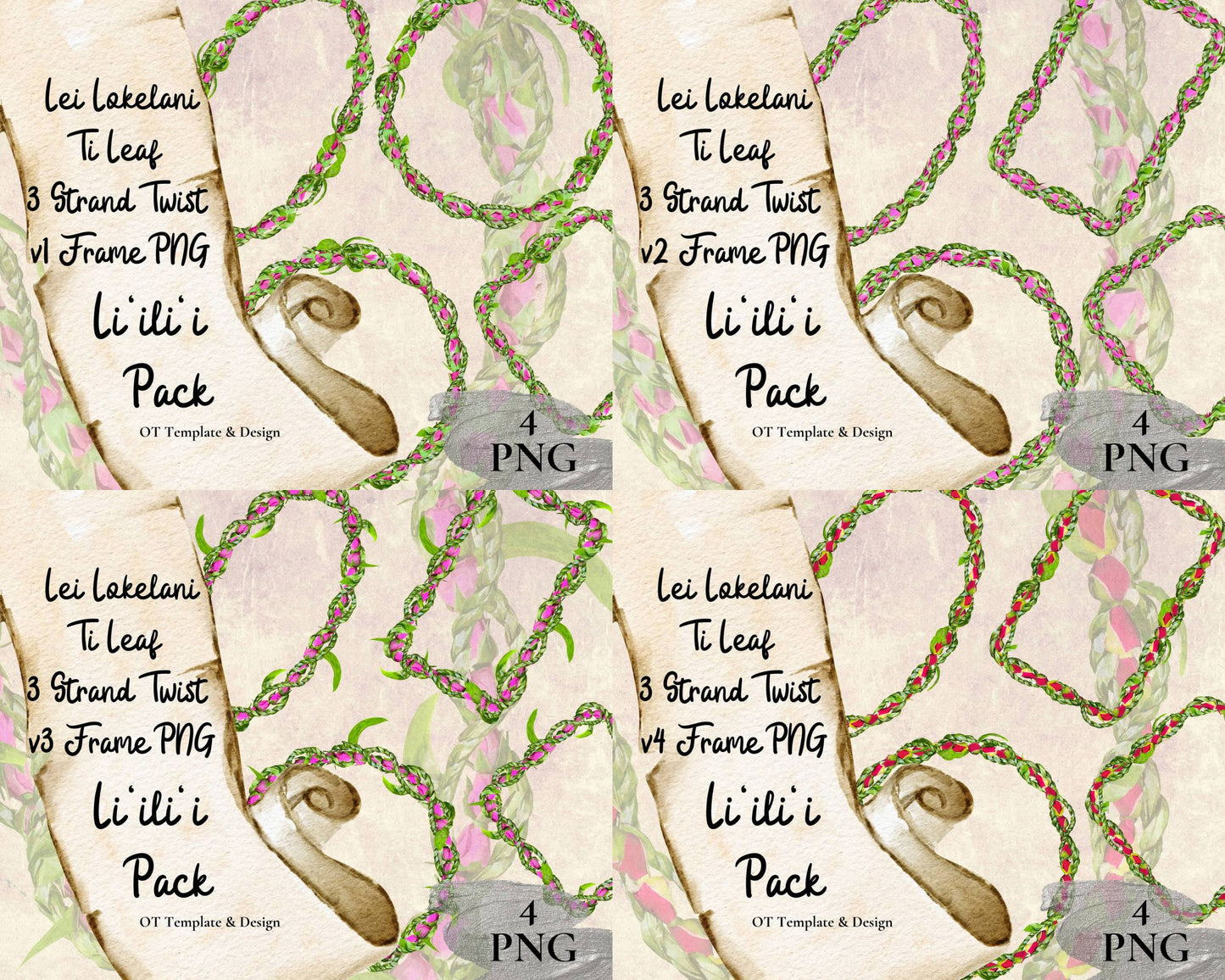 Lokelani Ti Leaf 3 Strand Twist Lei | Hawaiian Frame PNG Liʻiliʻi Pack | Digital Download
