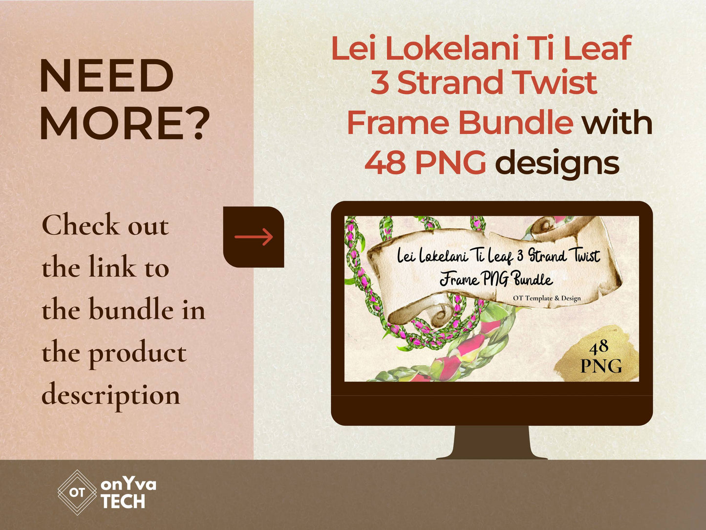 Lokelani Ti Leaf 3 Strand Twist Lei | Hawaiian Frame PNG Liʻiliʻi Pack | Digital Download