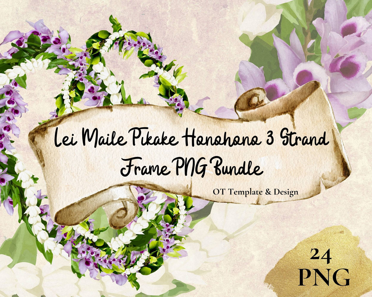 Maile Pikake Honohono 3 Strand Twist Lei | Hawaiian Frame PNG Bundle | Digital Download