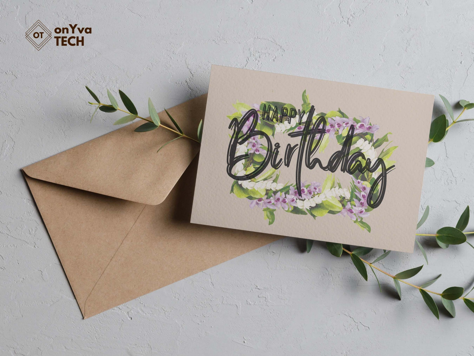  birthday card written with the words Happy Birthday and a rectangle frame  Maile Pikake Honohono 3 Strand Twist Lei in the background with a transparent look 