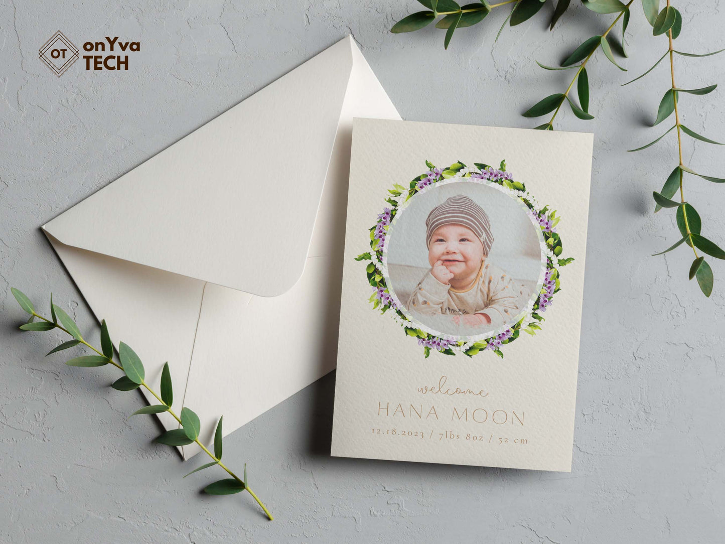  baby announcement card with a circle frame of   Maile Pikake Honohono 3 Strand Twist Lei necklace around the picture. 