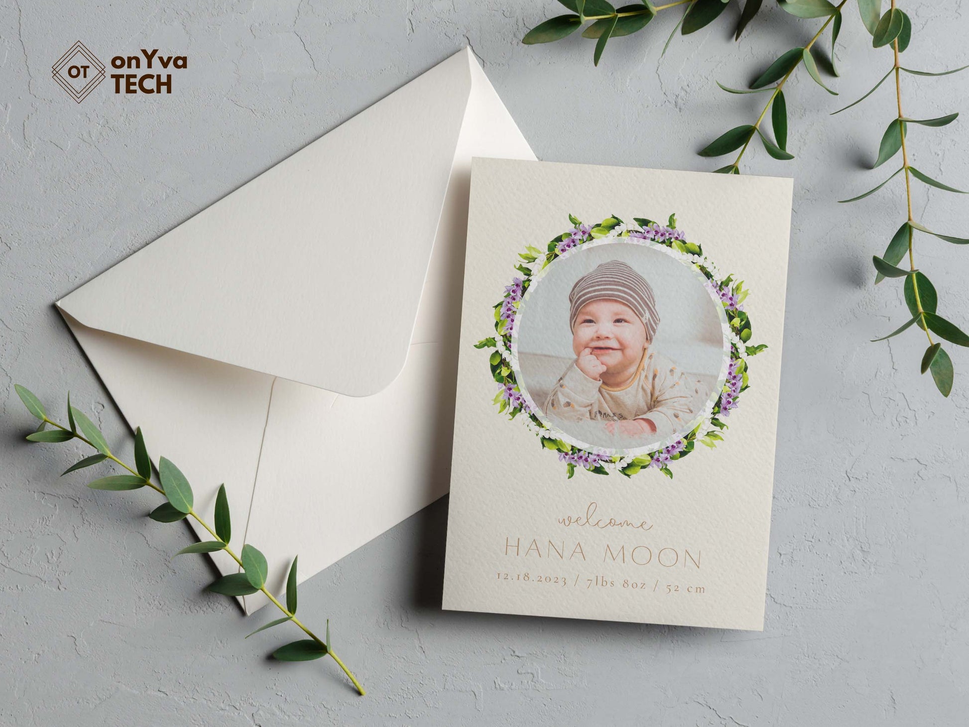  baby announcement card with a circle frame of   Maile Pikake Honohono 3 Strand Twist Lei necklace around the picture. 