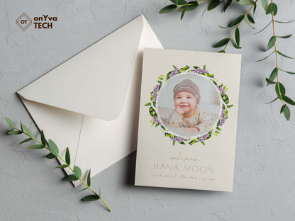  baby announcement card with a circle frame of   Maile Pikake Honohono 3 Strand Twist Lei necklace around the picture. 