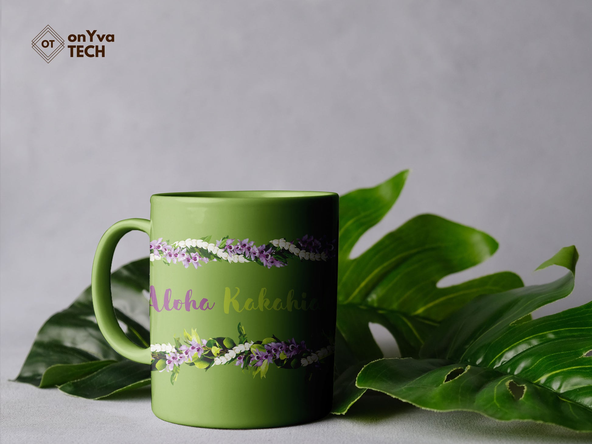  personalized mug sublimation print with  Maile Pikake Honohono 3 Strand Twist Lei PNG going around and the words: Aloha Kakahiaka 