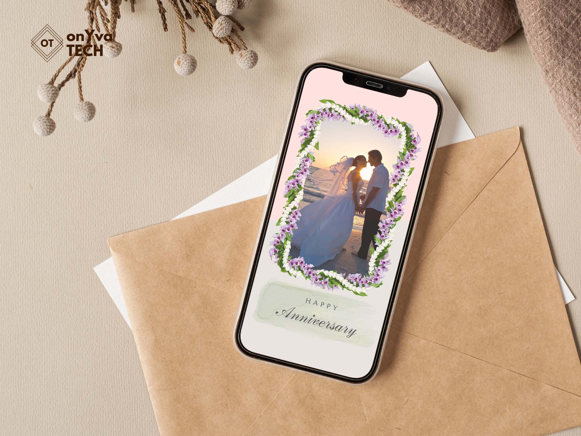  cell phone mockup of a wedding couple kissing. The photo is framed with a rectangle  Maile Pikake Honohono 3 Strand Twist Lei floral frame. 