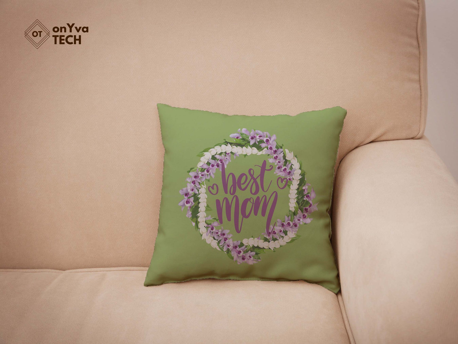 Green personalized pillow sublimation printed with a circle frame of a  Maile Pikake Honohono 3 Strand Twist Lei and in the middle, the words Best Mom