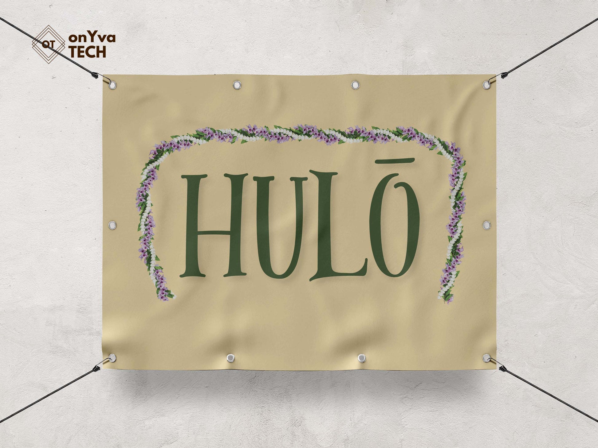  banner with a sublimation print of a rectangle border of a  Maile Pikake Honohono 3 Strand Twist Open Lei frame surrounding the words Hulo