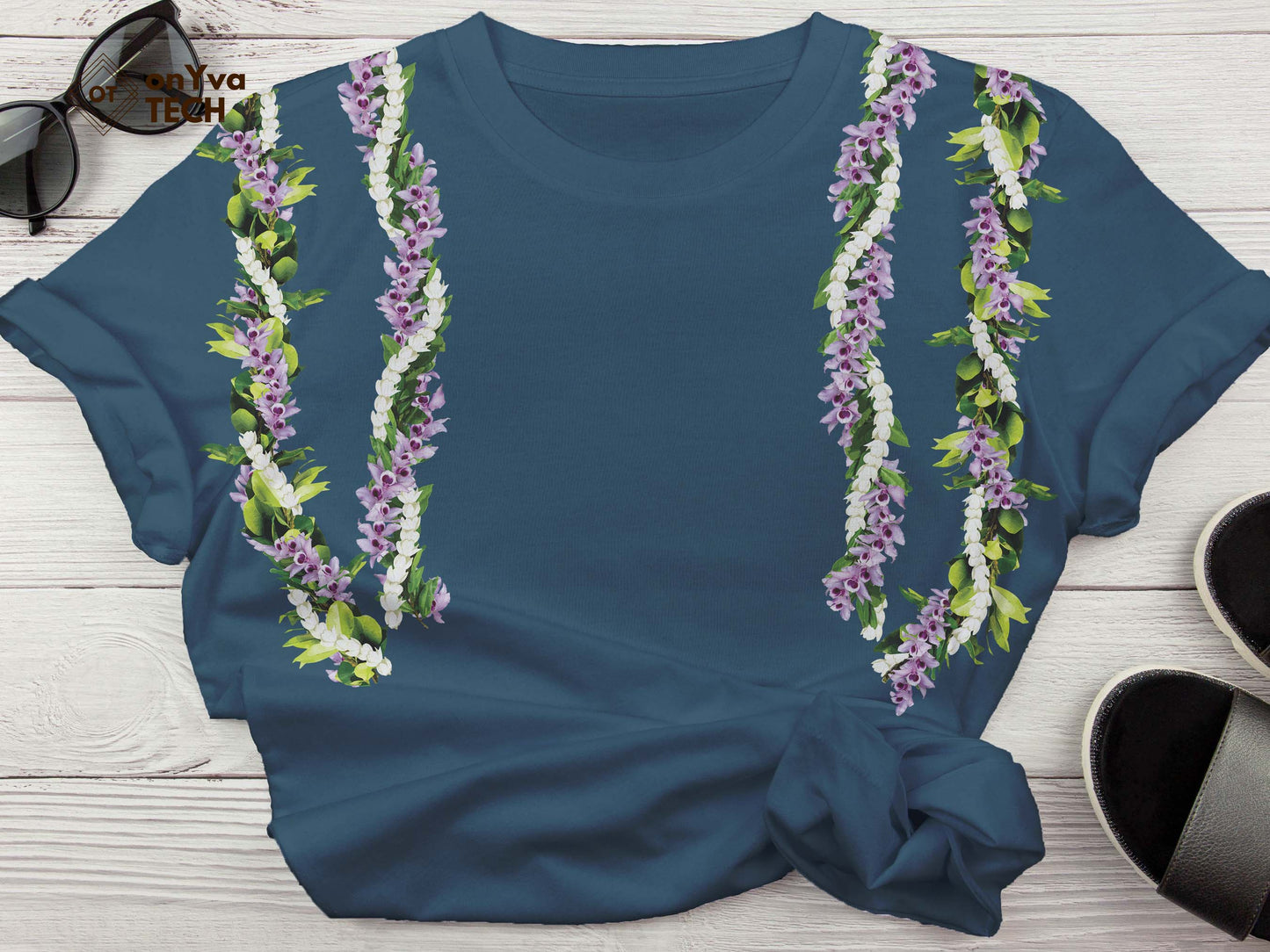  custom t-shirt with the sublimation print of 2 Maile Pikake Honohono 3 Strand Twist Open Lei dropping from each shoulder 