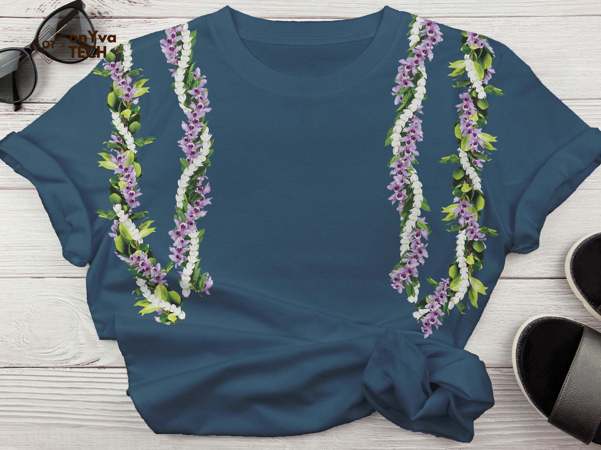  custom t-shirt with the sublimation print of 2 Maile Pikake Honohono 3 Strand Twist Open Lei dropping from each shoulder 