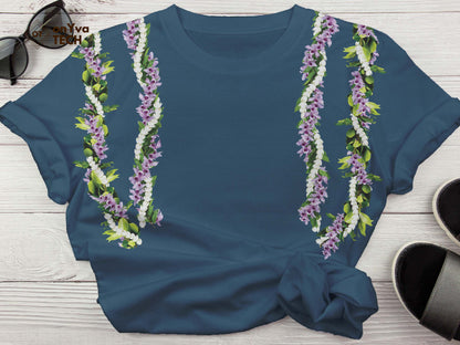  custom t-shirt with the sublimation print of 2 Maile Pikake Honohono 3 Strand Twist Open Lei dropping from each shoulder 