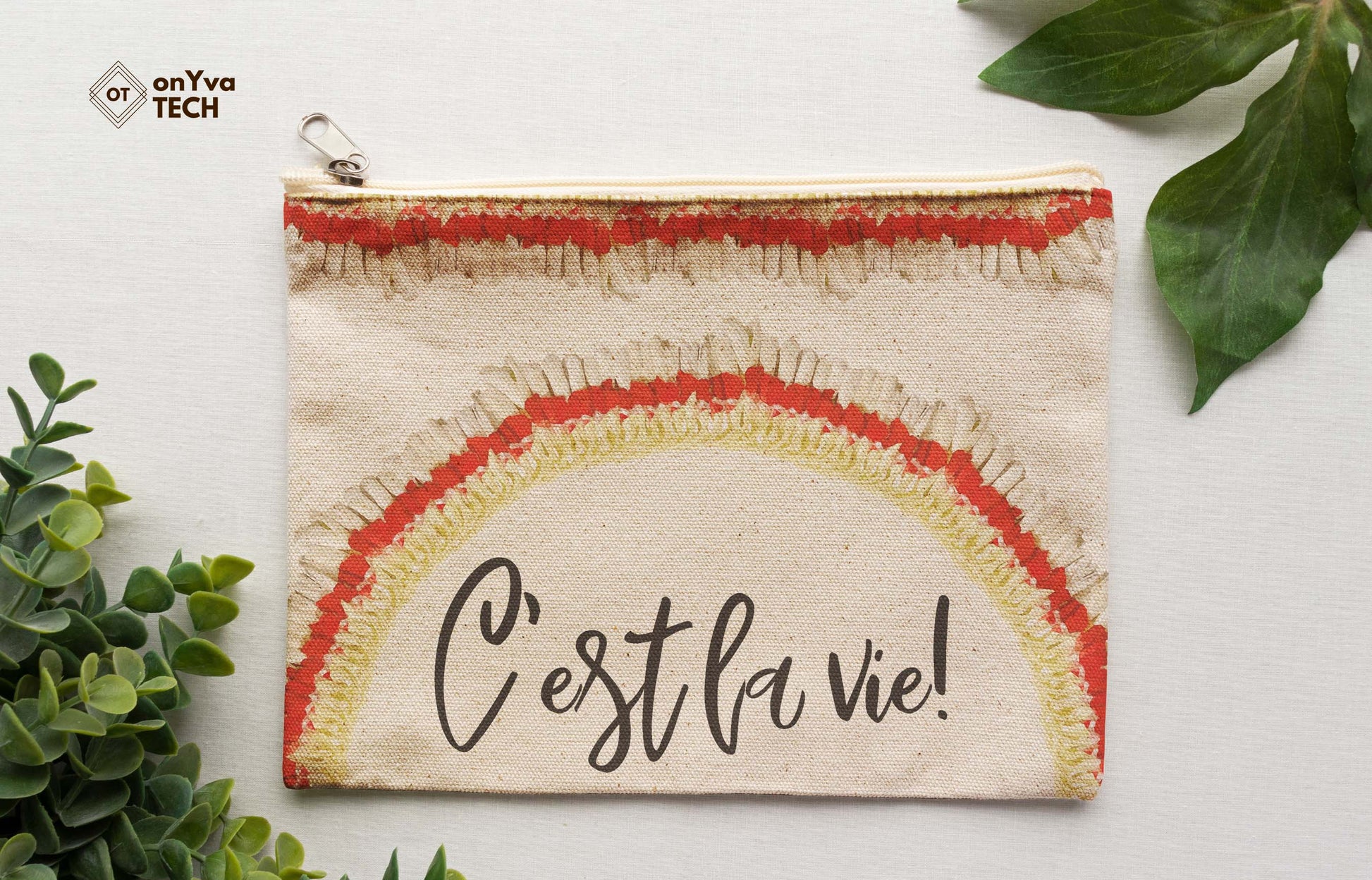  burlap pouch for gifts with the sublimation print of  Micronesian White Ginger Red Carnation Lei flower PNG and the words Cʻest la vie