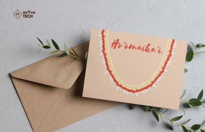 Congratulation greeting card adorned with  half an oval Micronesian White Ginger Red Carnation Lei floral border and the words Hoomaikai
