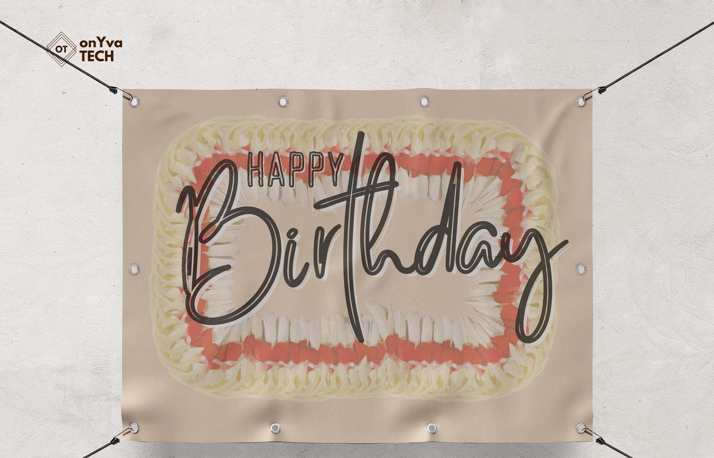  banner with a sublimation print of a rectangle border of a  Micronesian White Ginger Red Carnation Lei frame surrounding the words 