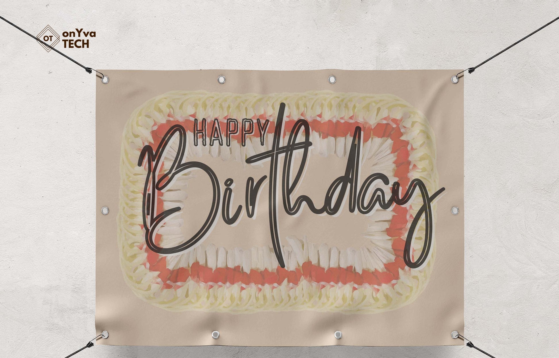 banner with a sublimation print of a rectangle border of a  Micronesian White Ginger Red Carnation Lei frame surrounding the words 