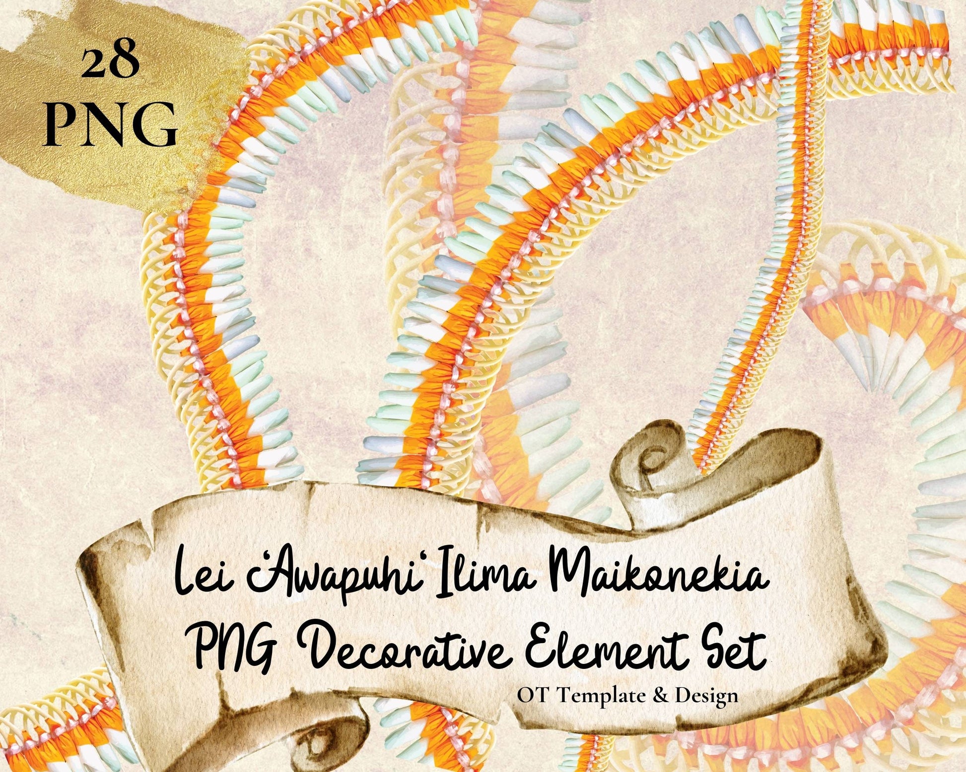 Micronesian Ginger Ilima Lei Hawaiian PNG Decorative Element Set Digital Download