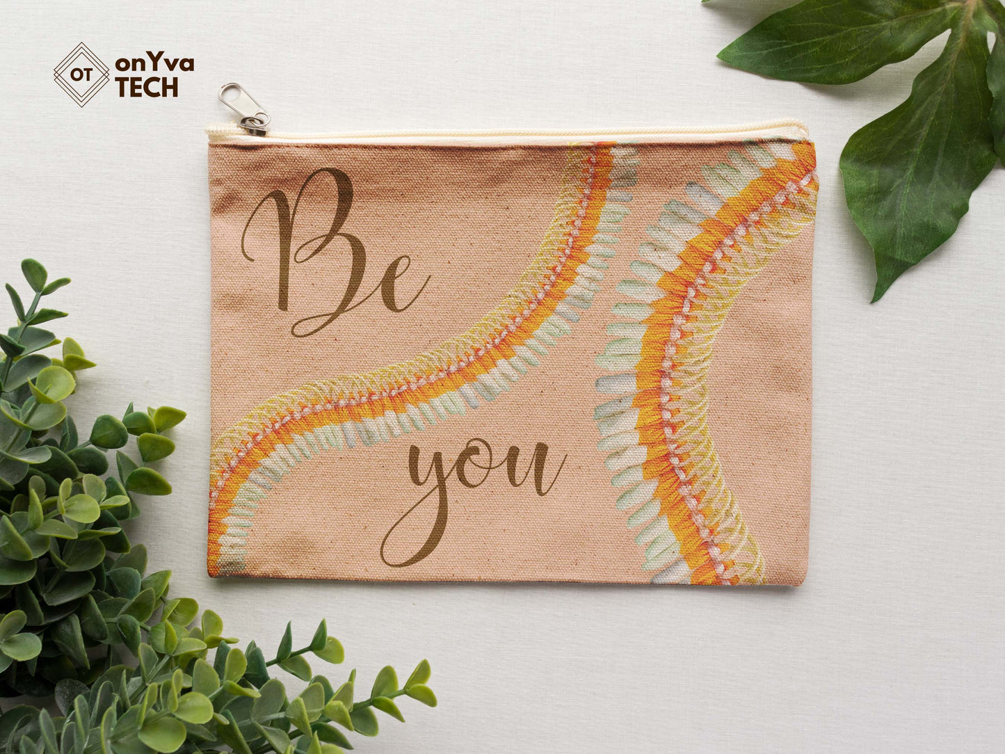 burlap pouch for gifts with the sublimation print of squiggly Micronesian Ginger Ilima Lei flower PNG and the words Be You