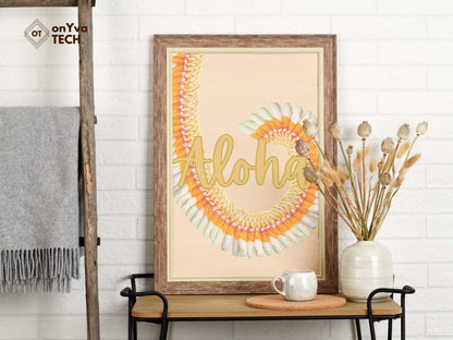  printed poster in a frame of a swirl of a  Micronesian Ginger Ilima Lei with the words Aloha 