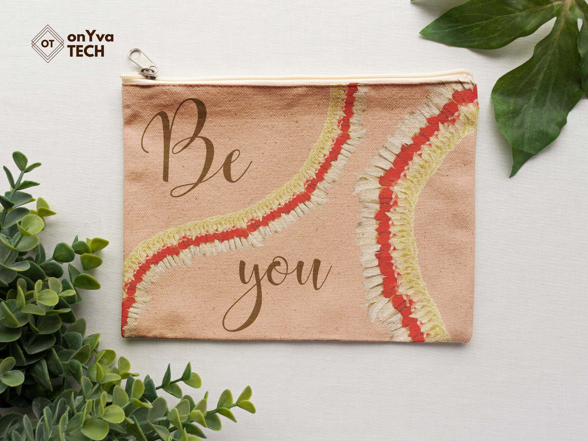  burlap pouch for gifts with the sublimation print of squiggly Micronesian Ginger Red Carnation Lei flower PNG and the words Be You