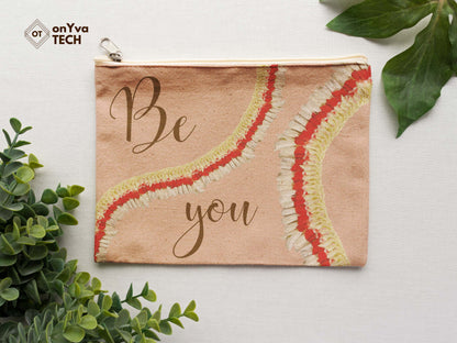  burlap pouch for gifts with the sublimation print of squiggly Micronesian Ginger Red Carnation Lei flower PNG and the words Be You
