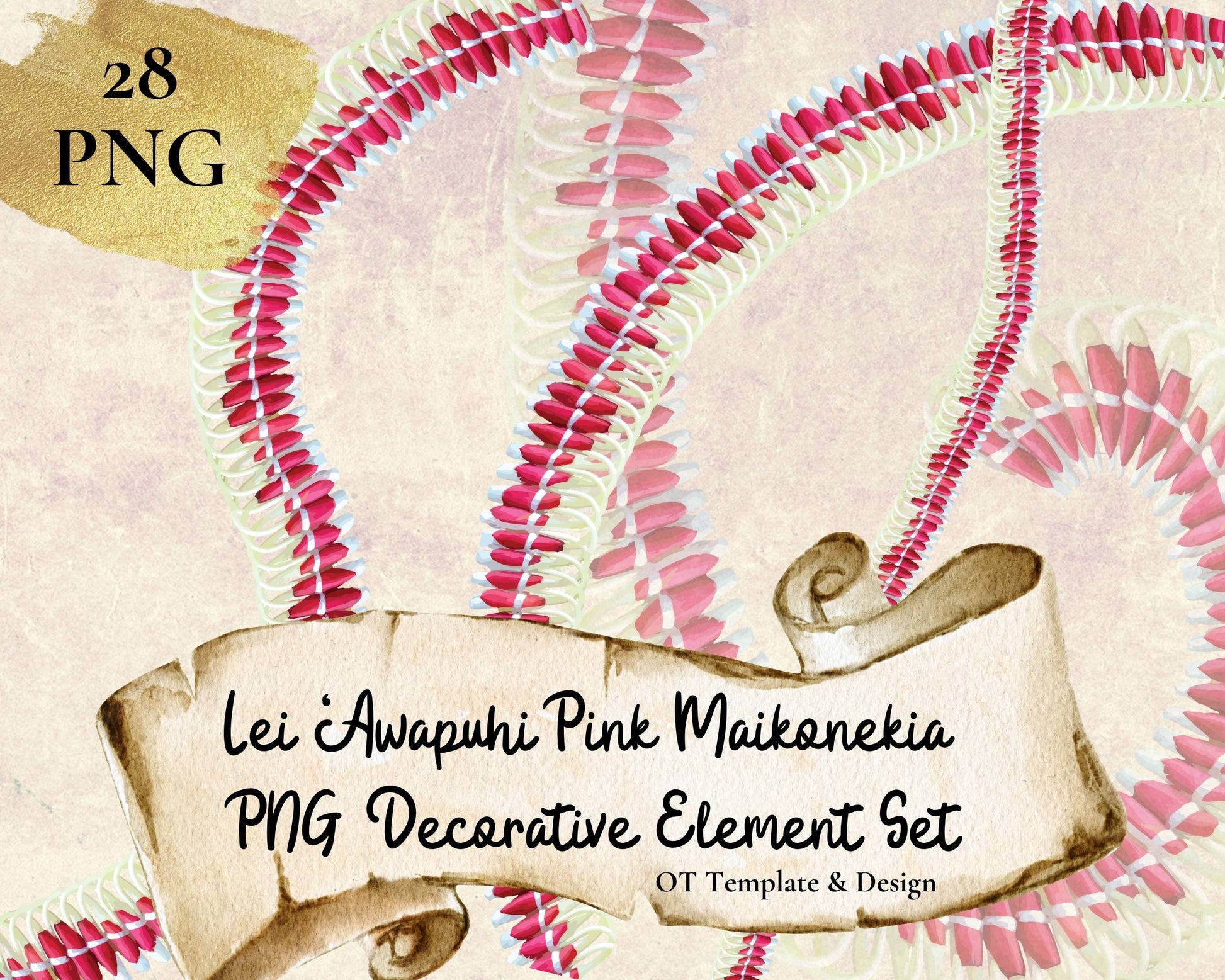 Micronesian Pink Ginger Lei Hawaiian PNG Decorative Element Set Digital Download