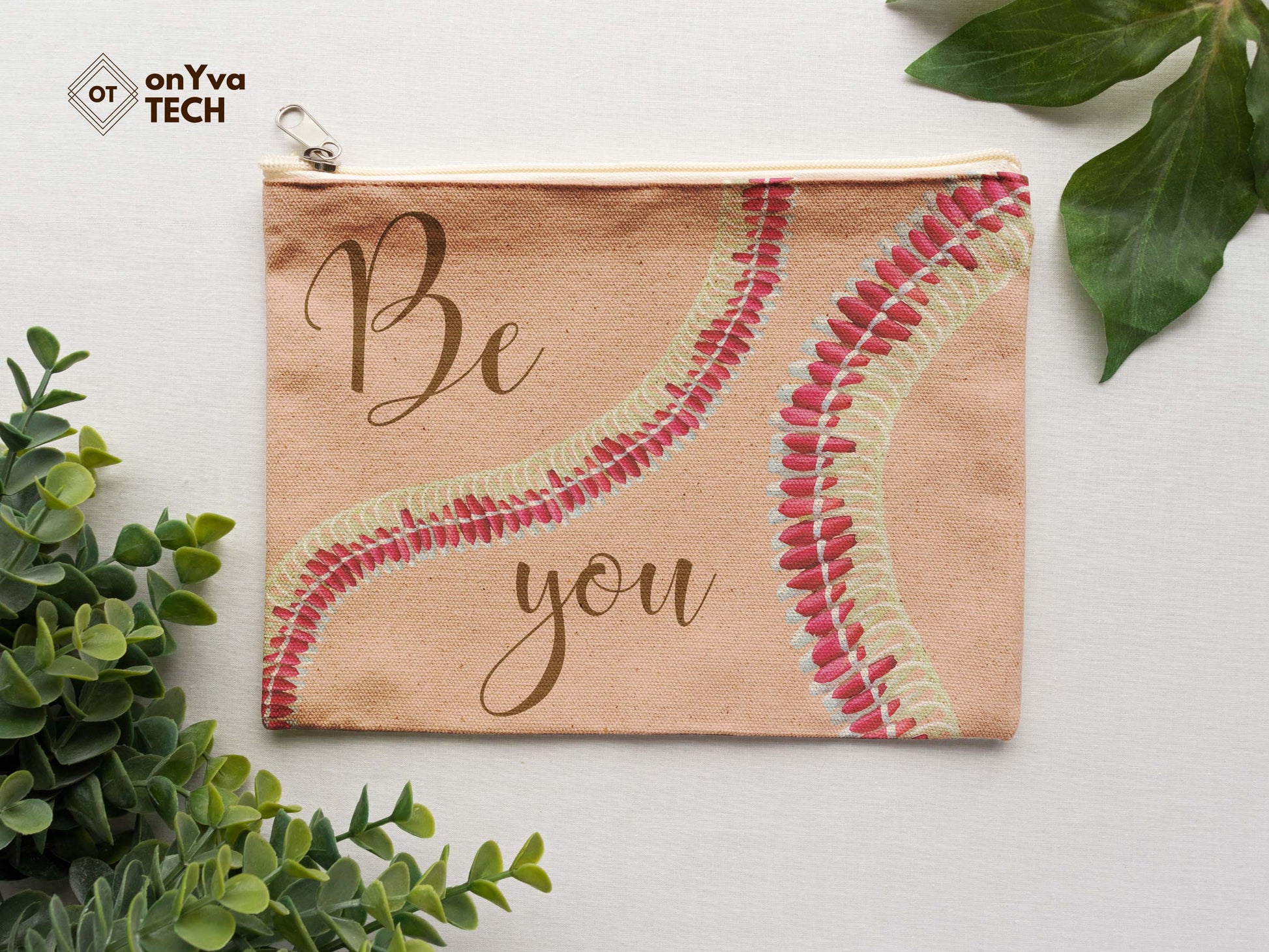  burlap pouch for gifts with the sublimation print of squiggly Micronesian Pink Ginger Lei flower PNG and the words Be You