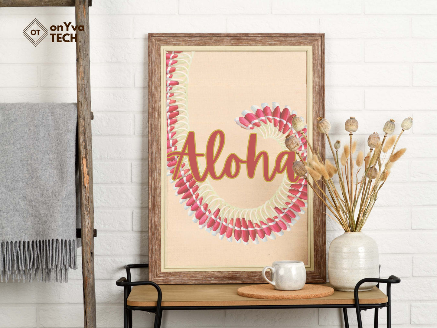  printed poster in a frame of a swirl of a  Micronesian Pink Ginger Lei with the words Aloha 