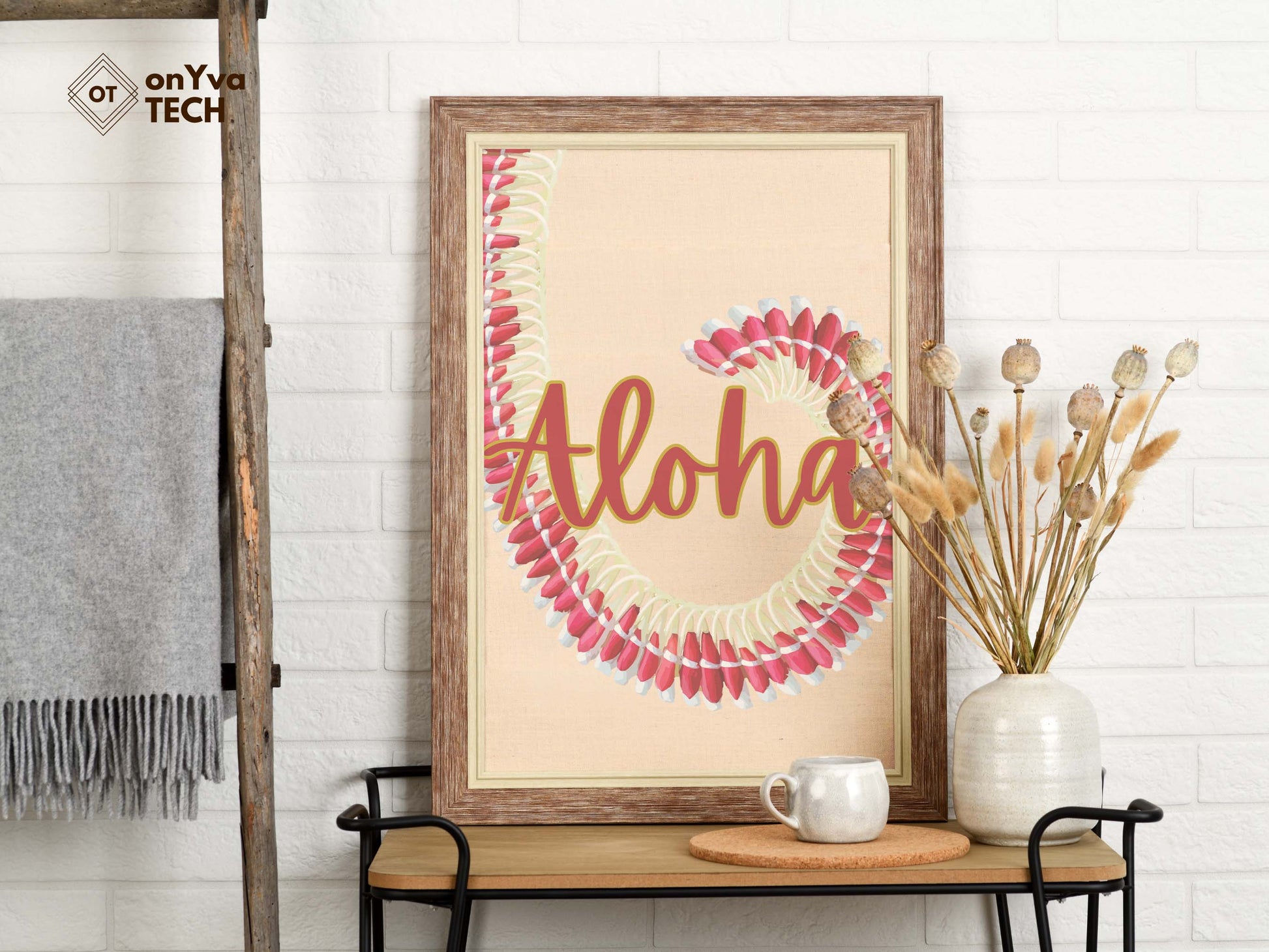  printed poster in a frame of a swirl of a  Micronesian Pink Ginger Lei with the words Aloha 