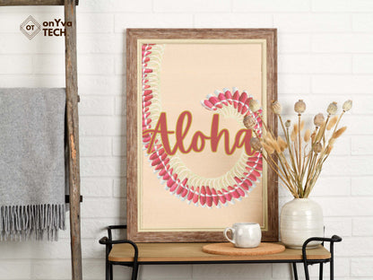  printed poster in a frame of a swirl of a  Micronesian Pink Ginger Lei with the words Aloha 