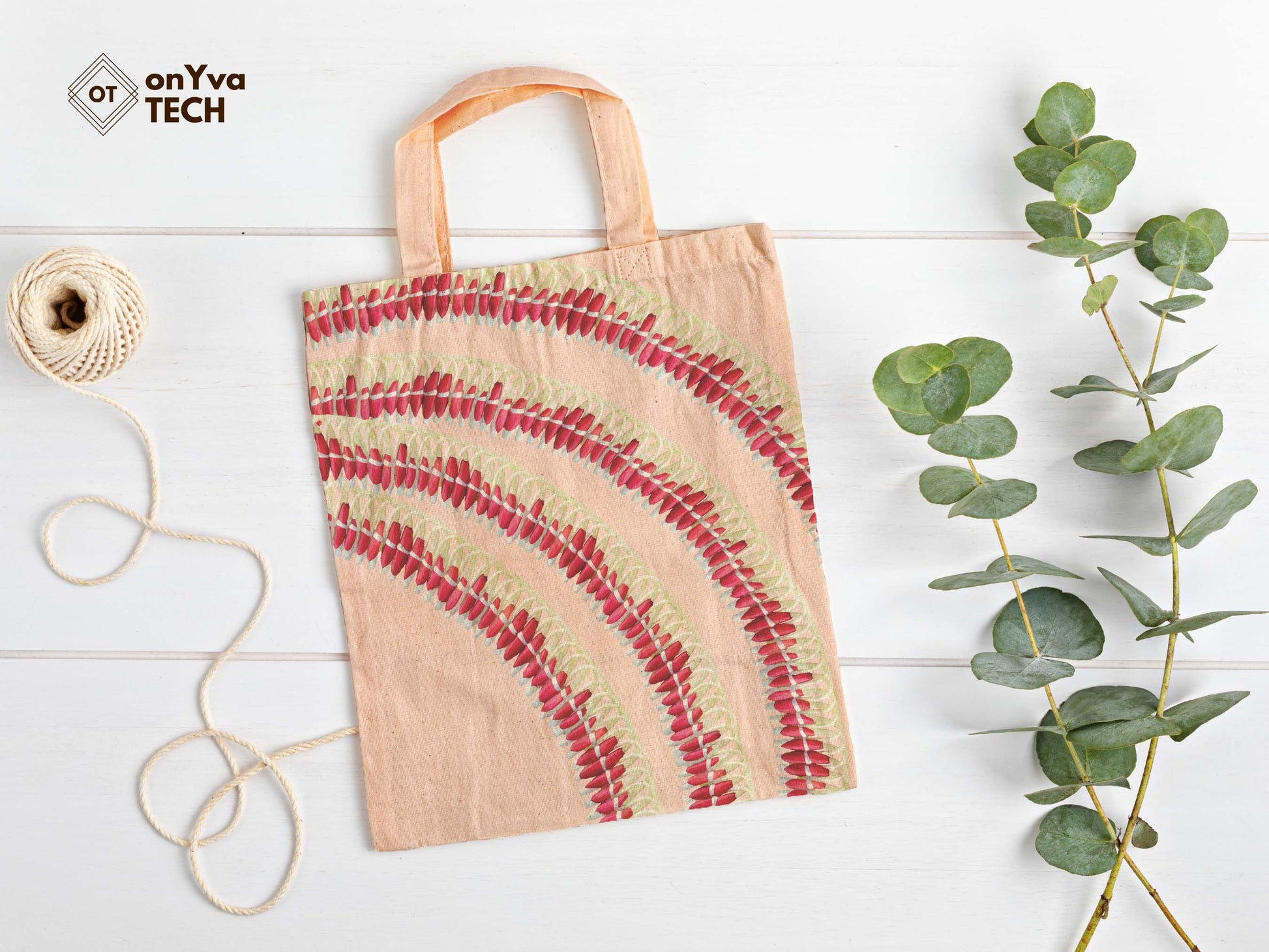  jute tote bag with 4 arcs of Micronesian Pink Ginger Lei sublimation print from top to bottom 