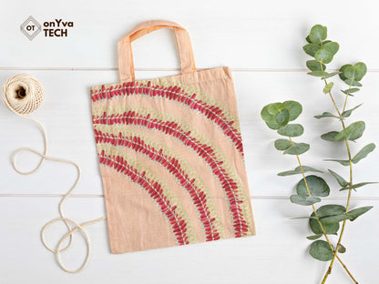  jute tote bag with 4 arcs of Micronesian Pink Ginger Lei sublimation print from top to bottom 