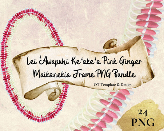 Micronesian White Pink Ginger Lei | Hawaiian Frame PNG Bundle | Digital Download