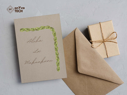 Fatherʻs Day greeting card adorned with a corner Mokihana Double 3 Strand Twist Lei floral border and the words Aloha la makuakane