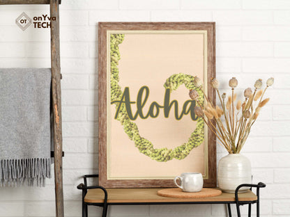  printed poster in a frame of a swirl of a  Mokihana Double 3 Strand Twist Lei with the words Aloha 