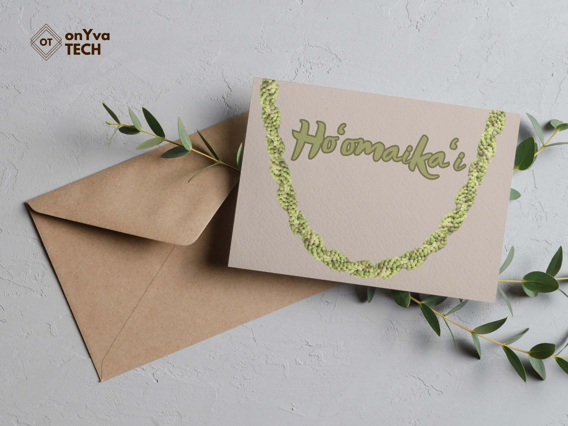 Congratulation greeting card adorned with a half oval Mokihana Lei floral border and the words Hoomaikai