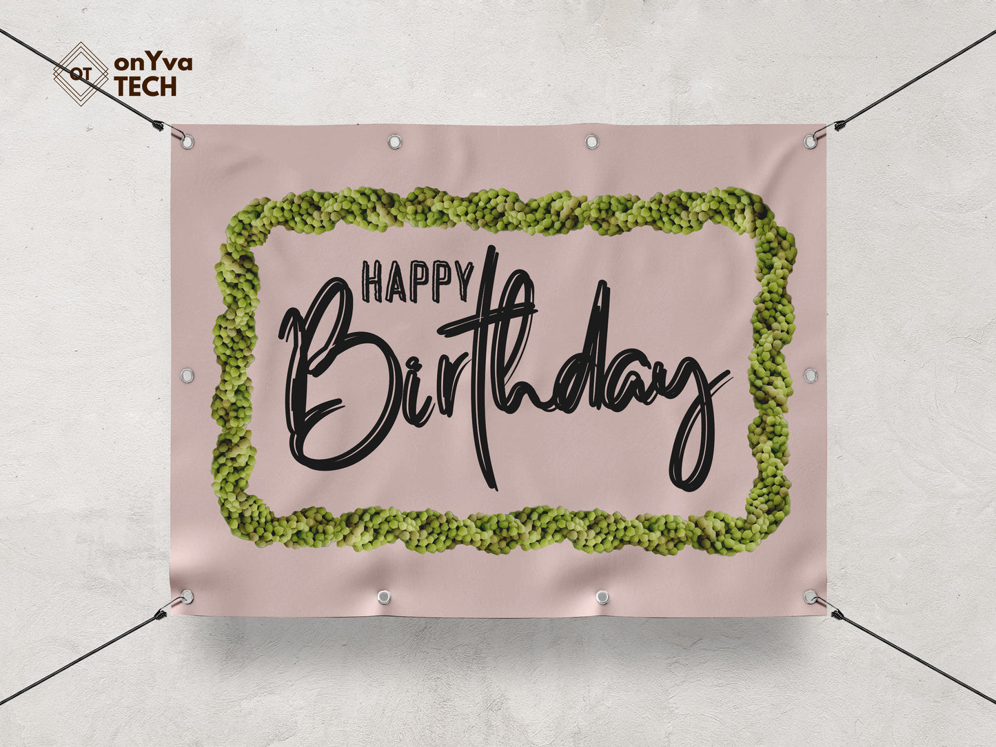 Happy Birthday banner with a sublimation print of a rectangle border of a  Mokihana Lei frame surrounding the words 