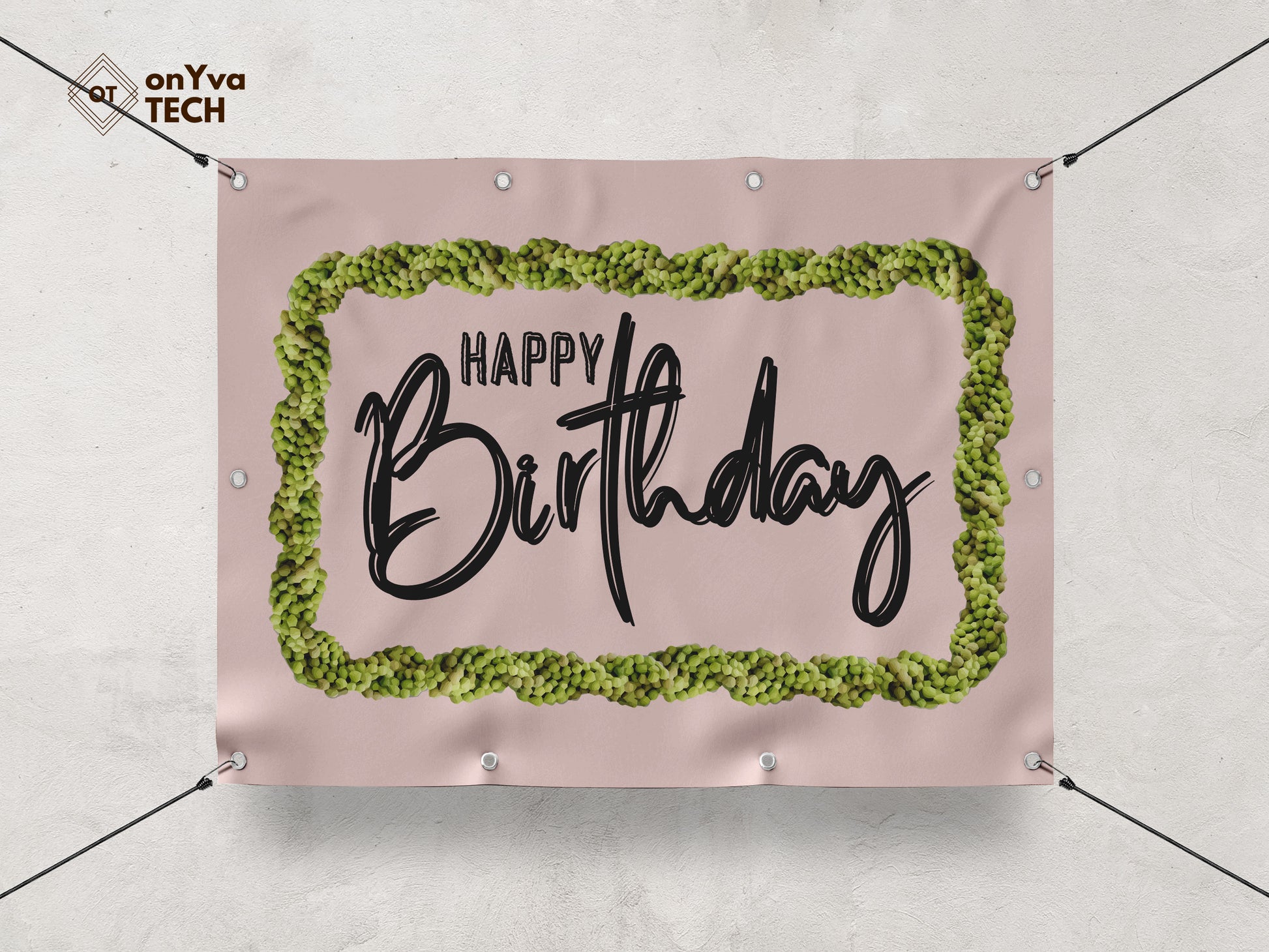 Happy Birthday banner with a sublimation print of a rectangle border of a  Mokihana Lei frame surrounding the words 